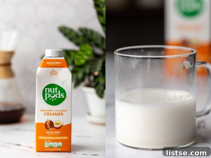 Side-by-side images. On the left, a carton of Nut Pods Almond + Coconut Hazelnut Creamer on a kitchen counter. On the right, the creamer frothed and mixed into a clear mug of coffee.