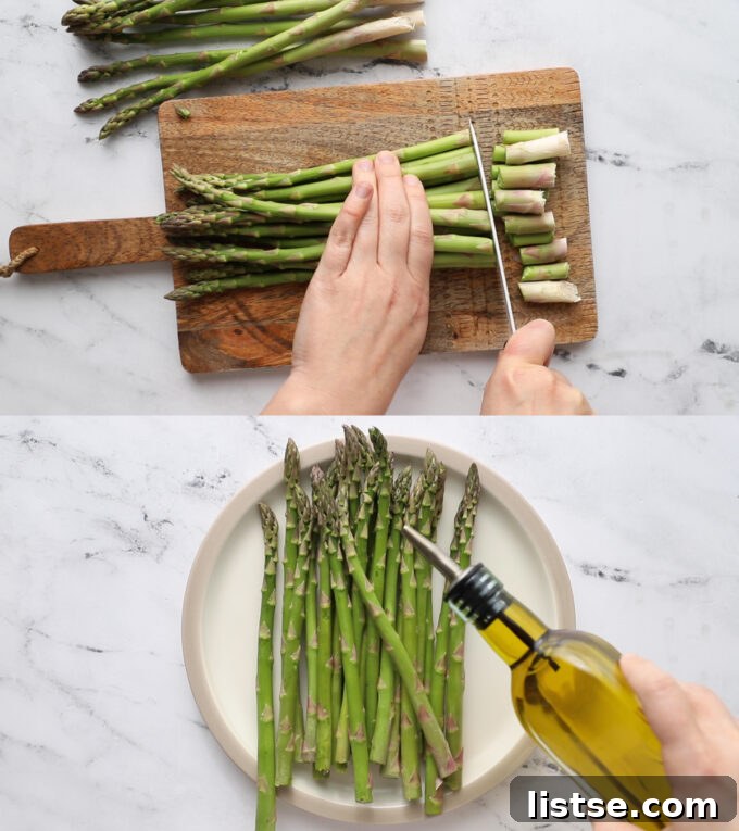 Preparing asparagus by trimming ends and seasoning before air frying