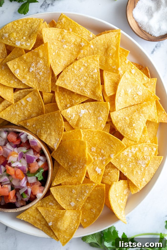 large plate of homemade tortilla chips with a bowl of pico de gallo on the plate
