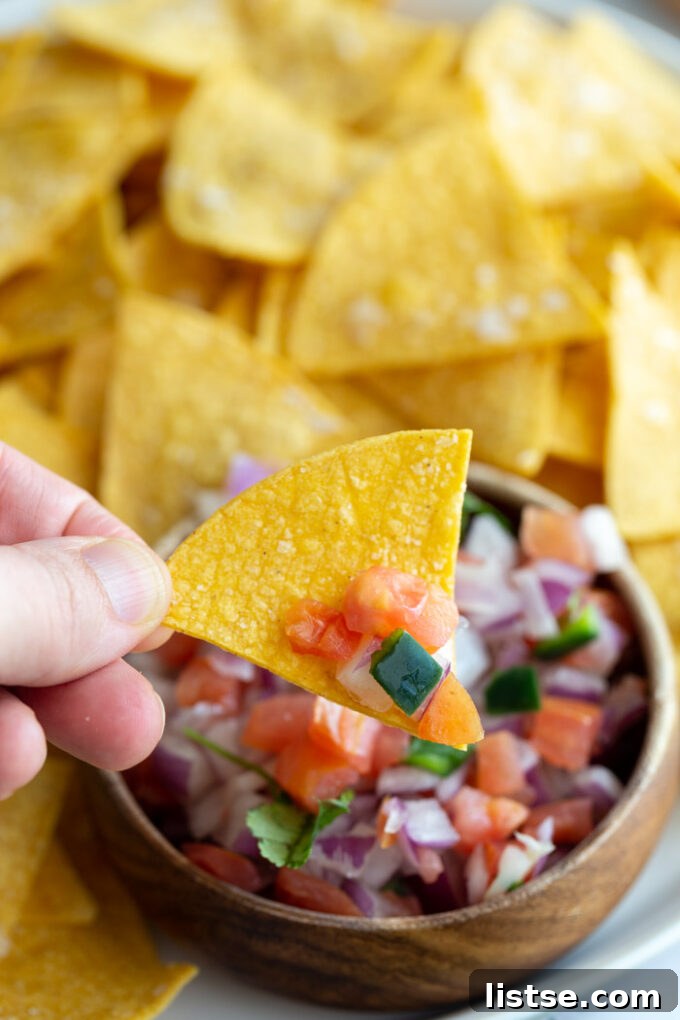 homemade corn tortilla chip with pico de gallo on it