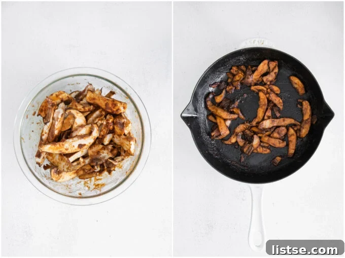 Sizzling Veggie Fajitas 4 marinate portobello mushrooms in seasoning and sauté