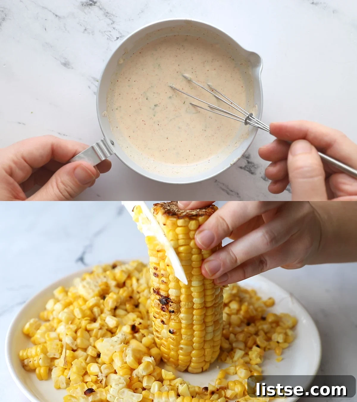 Creamy Mexican Street Corn Salad 6 Two images side by side. The top image shows a whisk stirring a creamy, white sour cream sauce in a small metal bowl. The bottom image displays freshly grilled corn on the cob on a cutting board, with a knife and a hand carefully slicing the kernels off the cob.