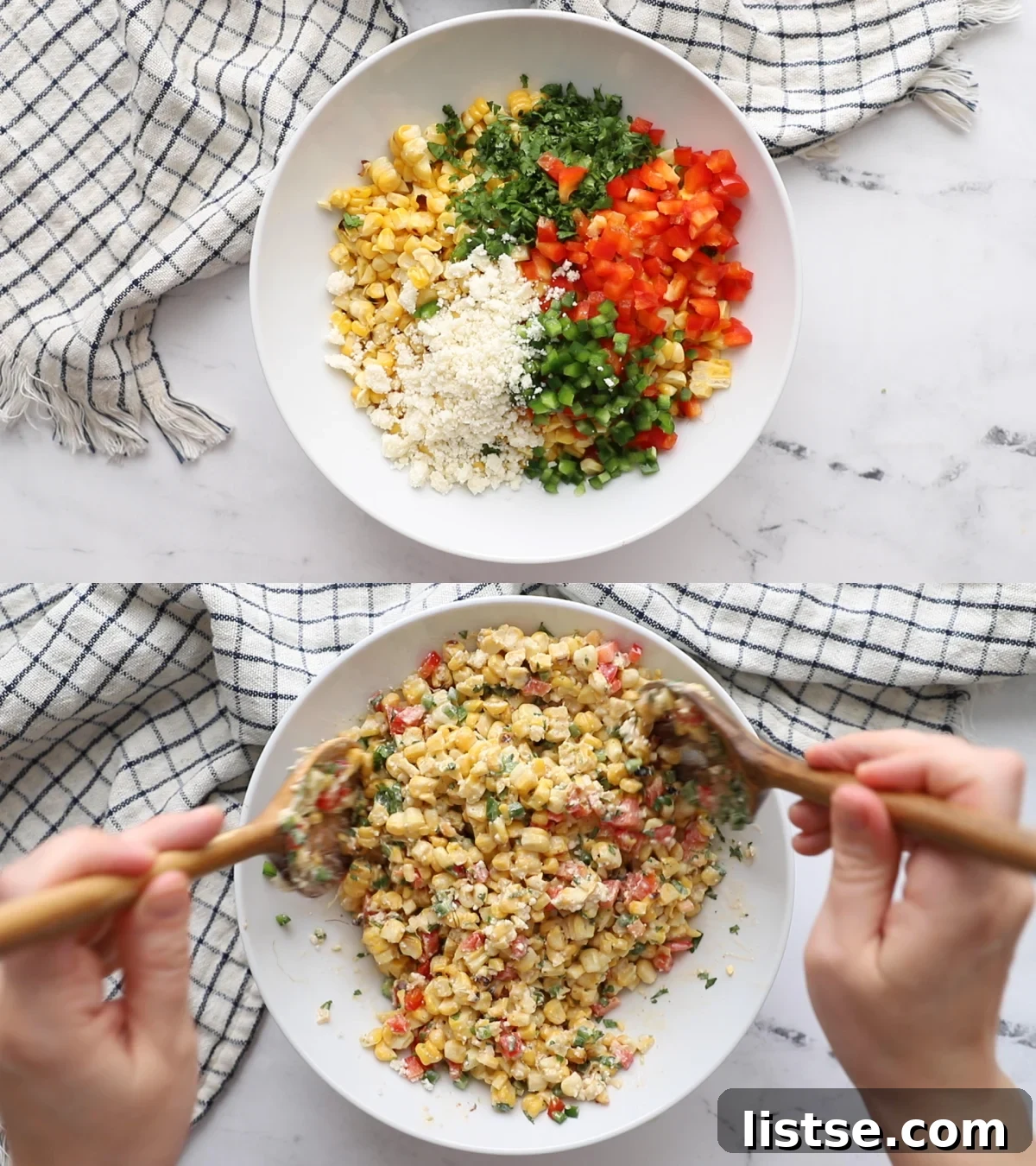 Creamy Mexican Street Corn Salad 7 Two images side by side. The top image shows a large bowl filled with all the ingredients for Mexican Street Corn Salad – grilled corn, bell peppers, jalapeños, cotija cheese, and cilantro. The bottom image shows two spoons actively mixing these ingredients together in the bowl, ensuring everything is well combined and coated with the creamy sauce.