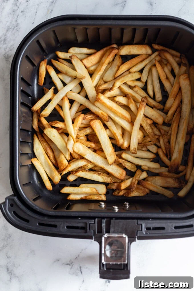 Close-up shot of a black air fryer basket brimming with perfectly cooked, golden-brown frozen french fries, ready to be served.