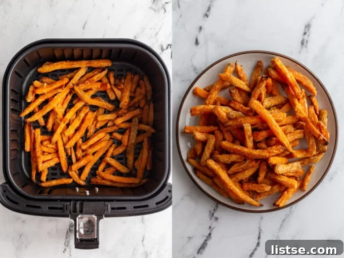 Side-by-side comparison: On the left, frozen sweet potato fries are neatly arranged in an air fryer basket before cooking. On the right, the same sweet potato fries are perfectly cooked, golden-brown, and piled on a white plate.