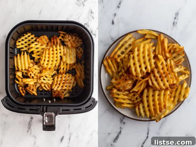 Side-by-side comparison: On the left, uncooked frozen waffle fries fill an air fryer basket. On the right, the same waffle fries are perfectly golden and crispy on a plate after air frying.