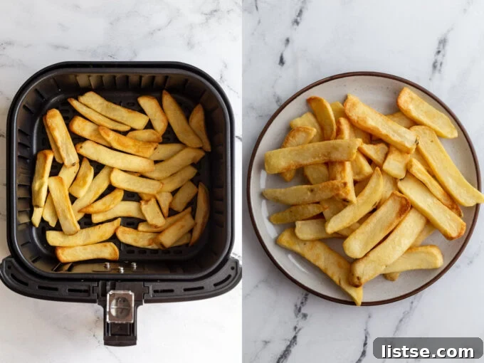 Side-by-side comparison: On the left, raw frozen steak fries are spread in an air fryer basket. On the right, the same thick-cut fries are golden, tender, and perfectly cooked on a plate.
