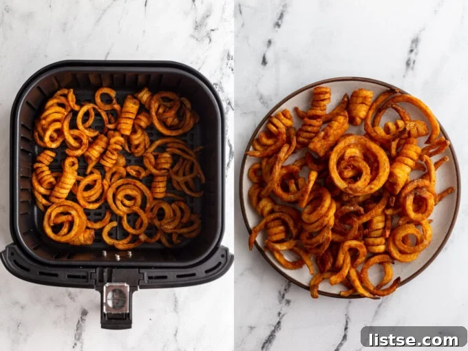 Side-by-side comparison: On the left, frozen seasoned curly fries are placed in an air fryer basket. On the right, the crispy, perfectly seasoned curly fries are served on a plate.