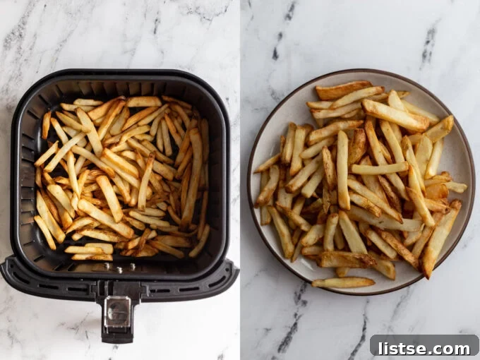 Side-by-side comparison: On the left, uncooked frozen classic french fries are placed in an air fryer basket. On the right, the same fries are perfectly golden and crispy on a plate after air frying.