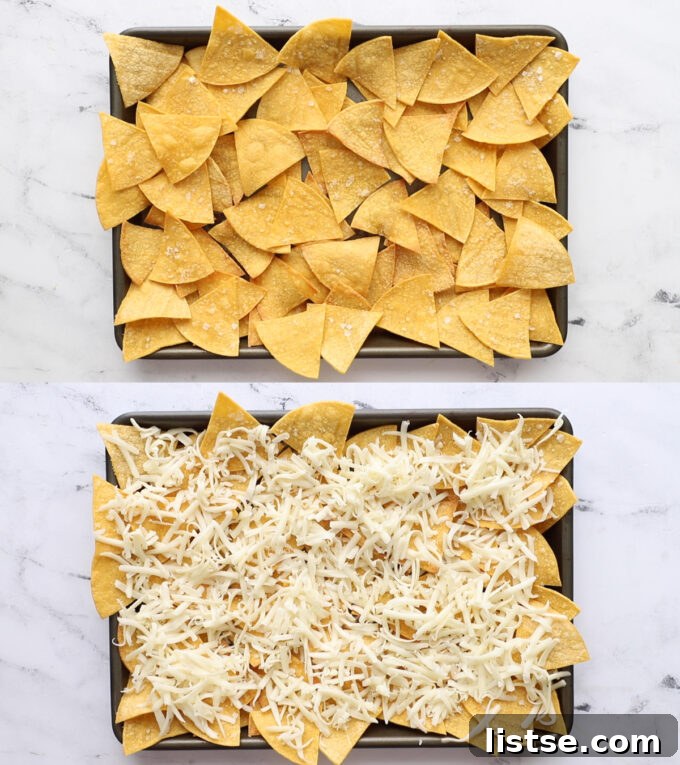 Elote Nachos 5 A two-panel image showing the initial steps of making nachos: the top panel displays tortilla chips spread on a baking tray, and the bottom panel shows the chips covered with shredded cheese.