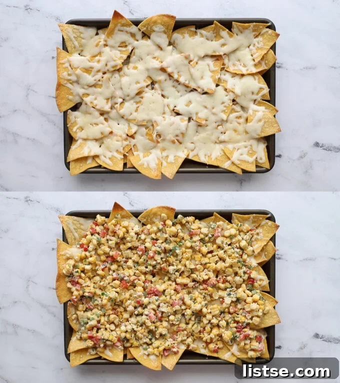 Elote Nachos 6 A two-panel image illustrating the layering process: the top panel shows tortilla chips with perfectly melted cheese, and the bottom panel shows the addition of the vibrant street corn salad on top of the melted cheese.