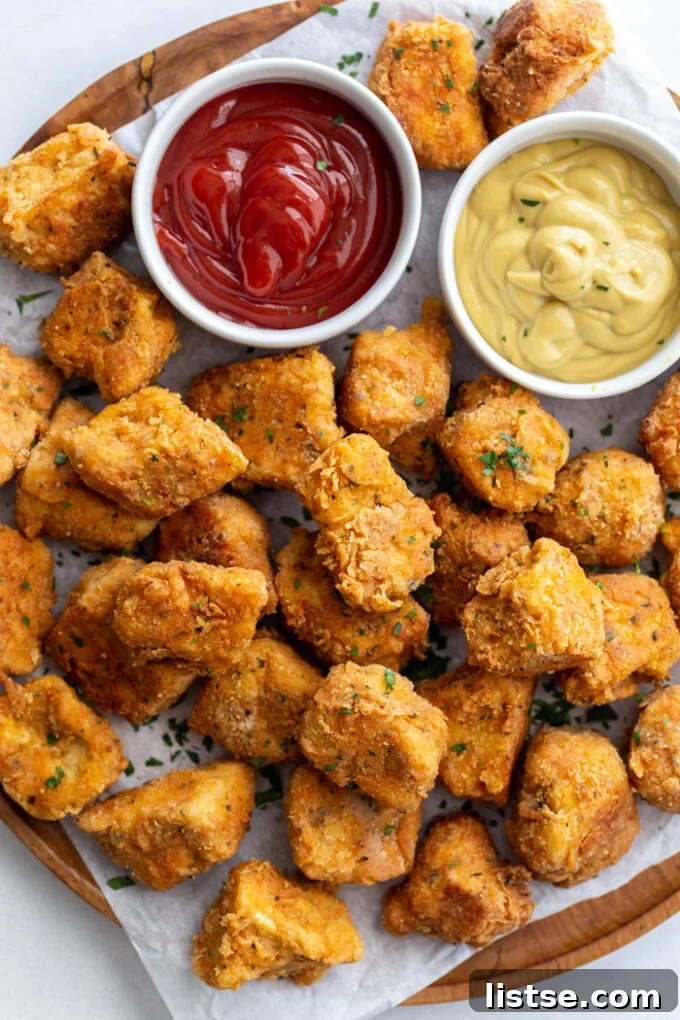 Wood tray with golden-brown tofu "chicken" nuggets arranged on parchment paper, accompanied by small cups of ketchup and mustard in the corner.