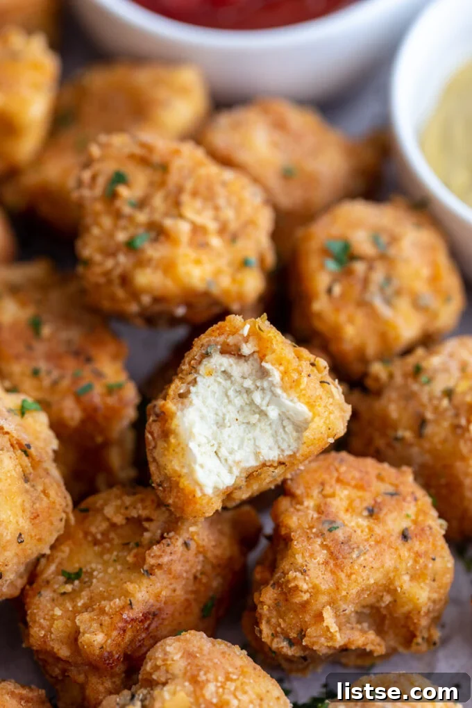 Crispy tofu chicken nuggets stacked neatly on a white plate, with one nugget showing a bite taken out of it, revealing its tender interior.