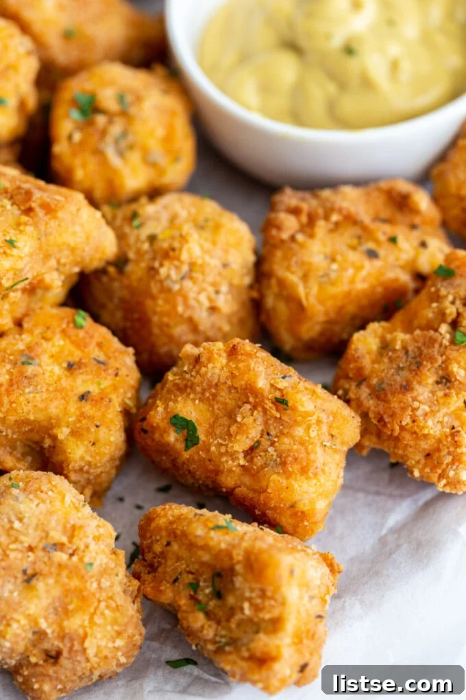 A tray filled with freshly fried, crispy tofu nuggets, with a small cup of bright yellow mustard positioned invitingly in the corner of the frame.