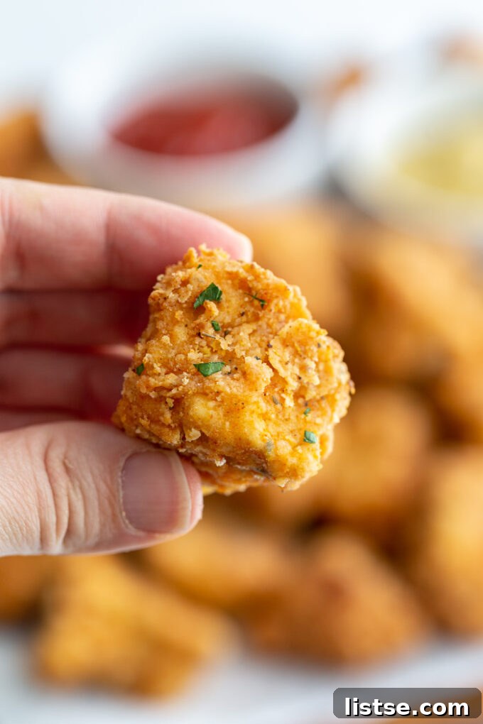 A hand holding up a single golden-brown, crispy tofu nugget, with a blurred background of more tofu nuggets on a tray.