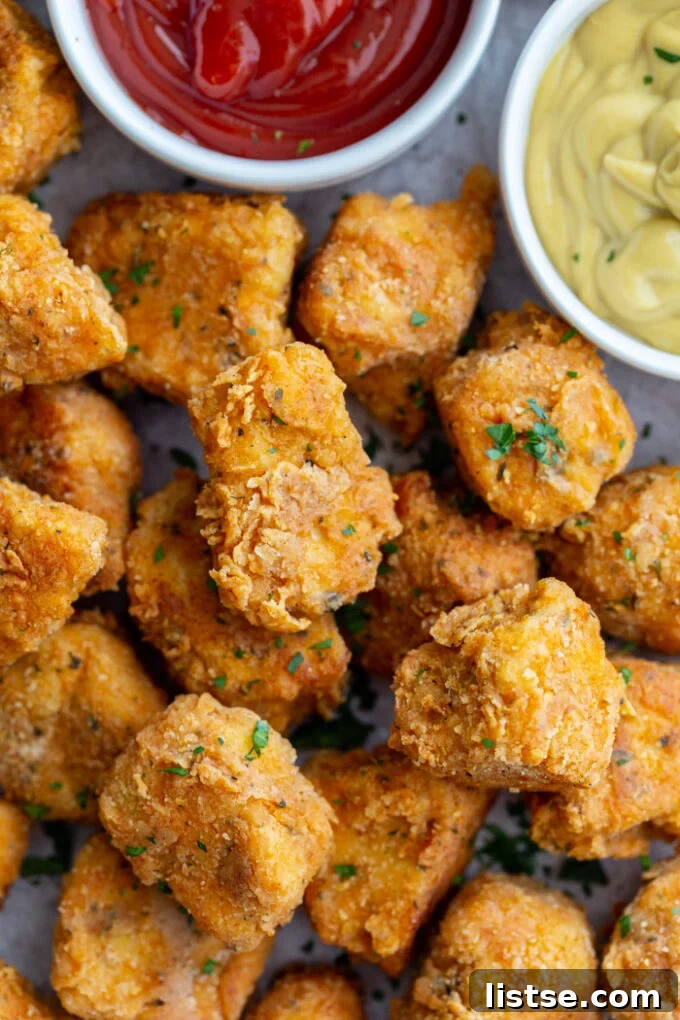 A metal tray laden with freshly fried, golden-brown crispy tofu nuggets, accompanied by small ceramic cups of vibrant red ketchup and yellow mustard.