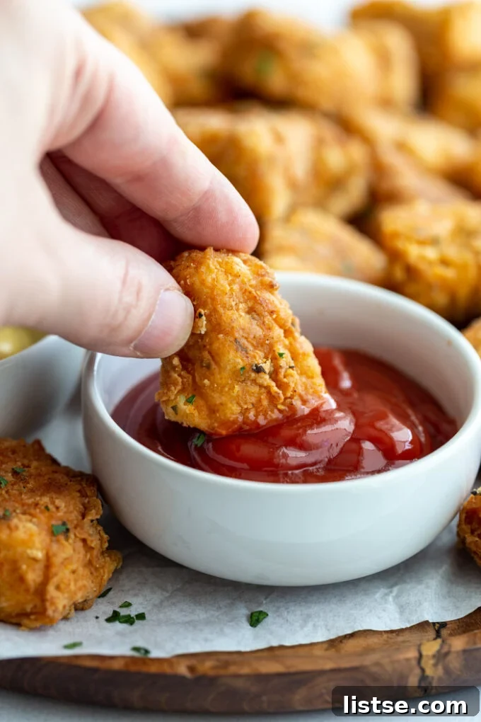 A close-up shot of a hand dipping a golden-brown, crispy tofu nugget into a small bowl of vibrant red ketchup.