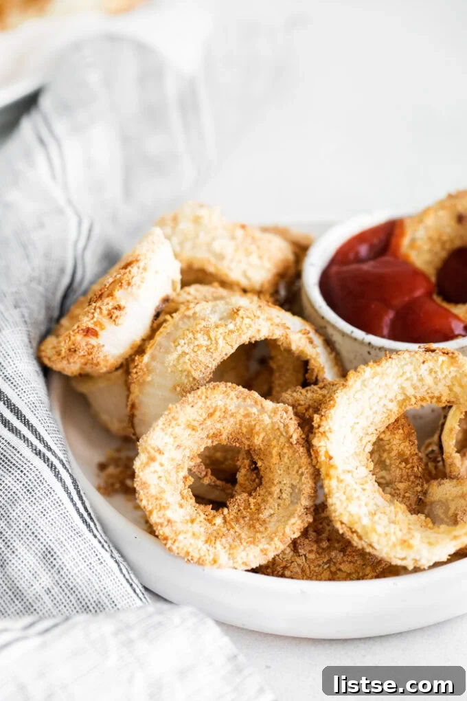 Air fryer onion rings in a serving basket, ready to be enjoyed with a side of ketchup.