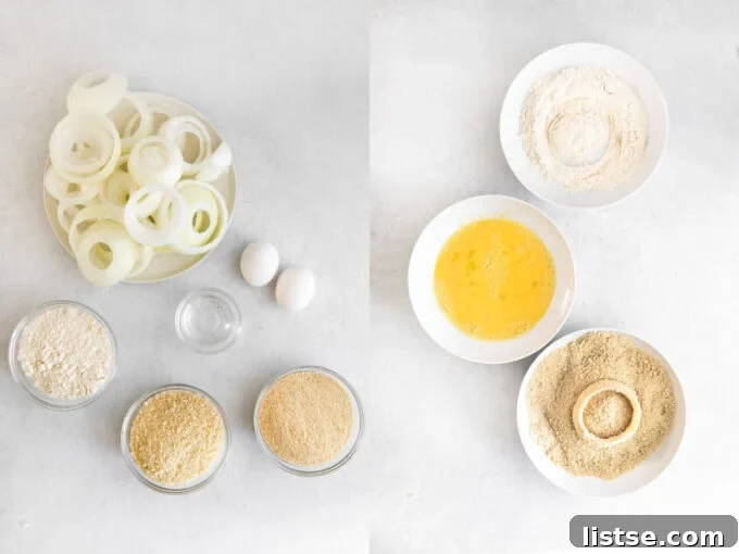 Detailed image of the breading process: coating onion rings in flour, egg wash, and breadcrumbs.