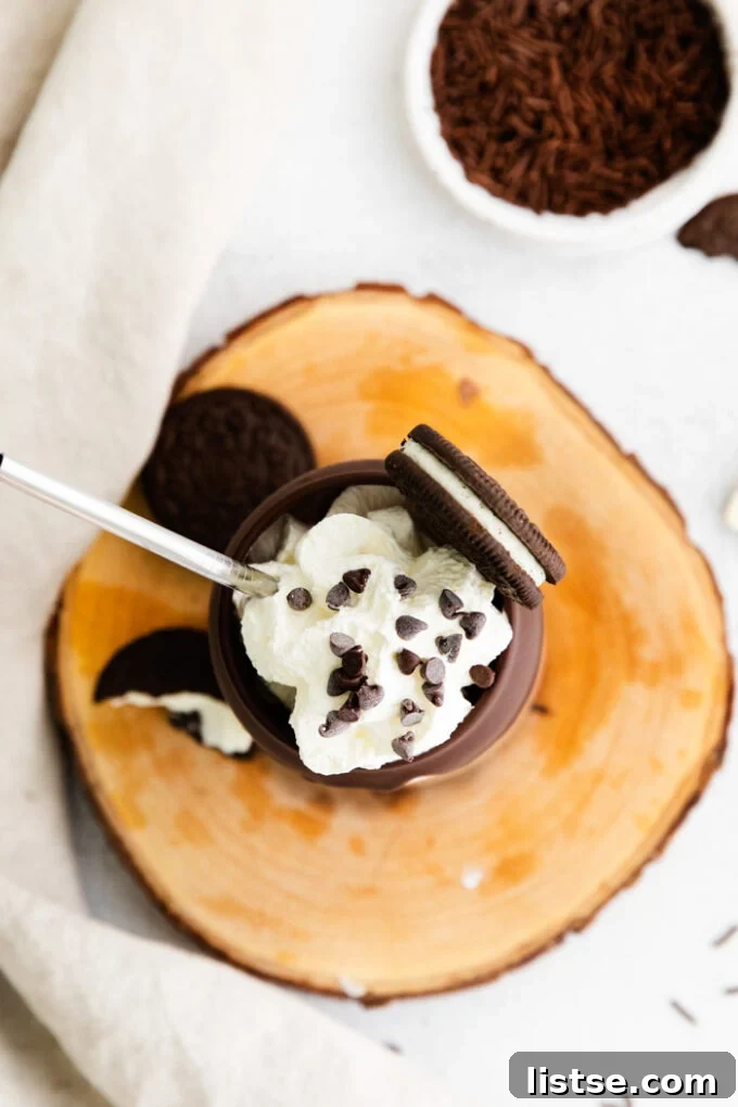 Vegan milkshake topped with whipped cream and mini chocolate chips