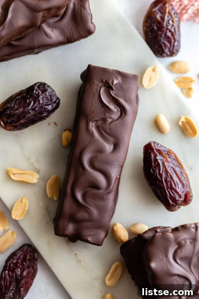 Overhead shot of homemade Snickers bars arranged artfully with scattered peanuts and dates, emphasizing their deliciousness.