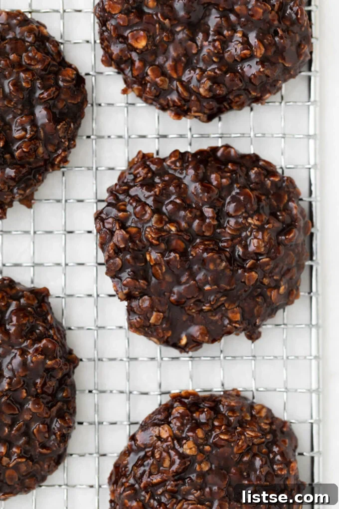Freshly made Vegan No Bake Cookies resting on a wire cooling rack