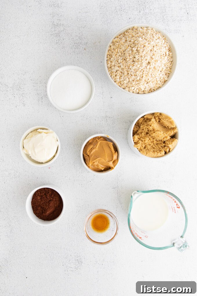 All ingredients for vegan no bake cookies laid out on a surface