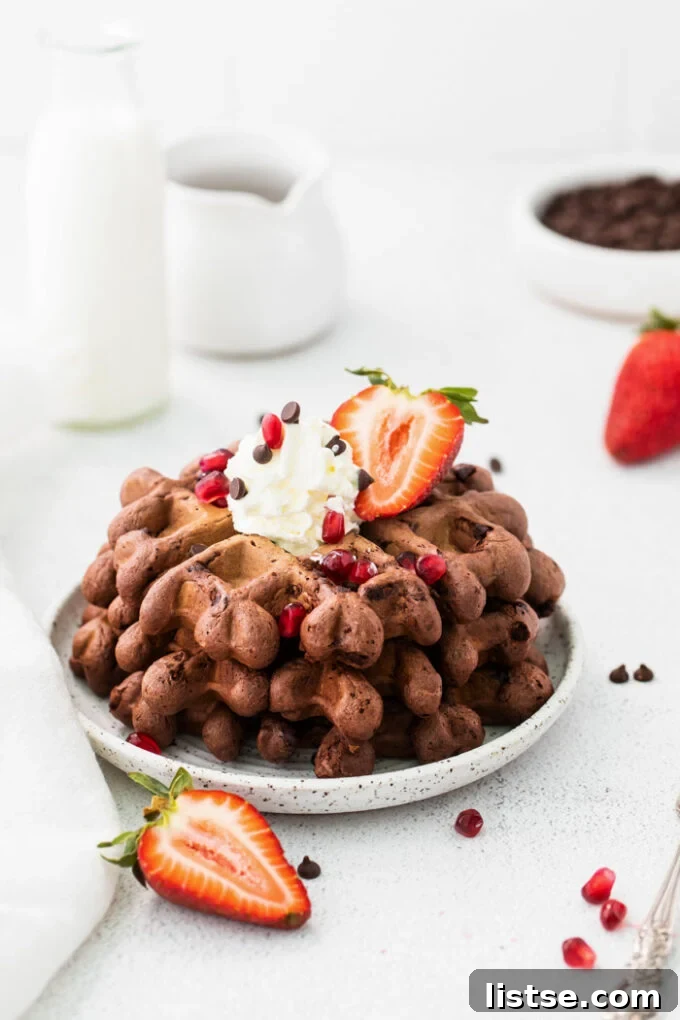 Decadent Chocolate Waffles 3 waffles stacked on a small plate topped with whipped cream and fruit