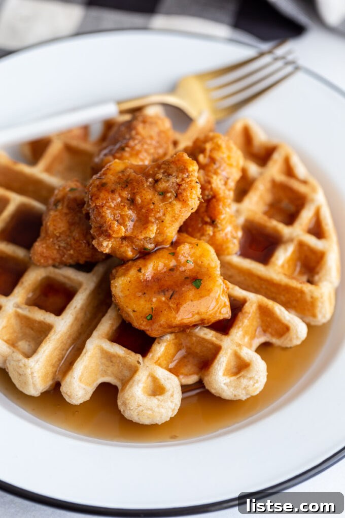 waffle on a white plate topped with vegan chicken nuggets