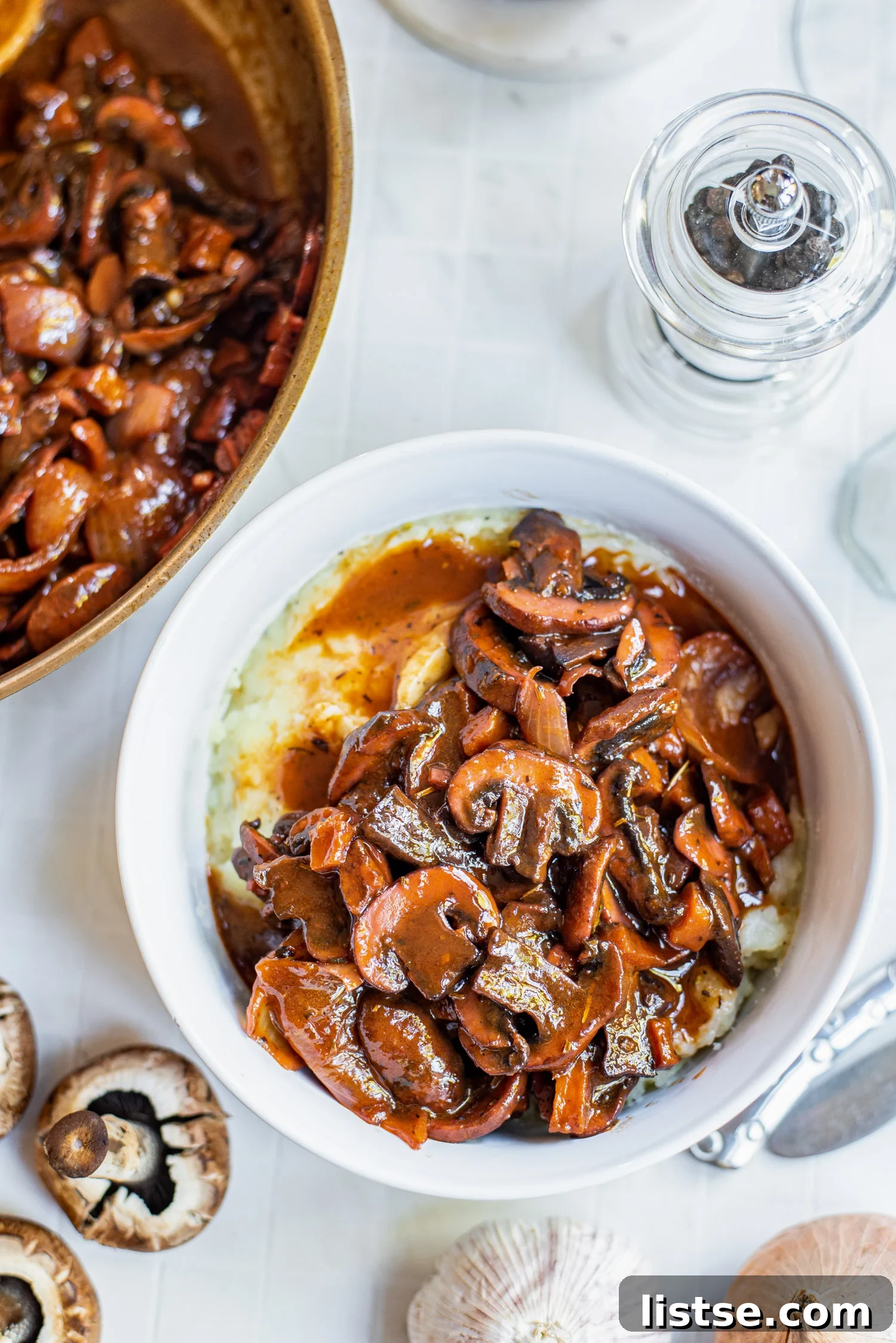 Mushrooms Bourguignon served in a white bowl