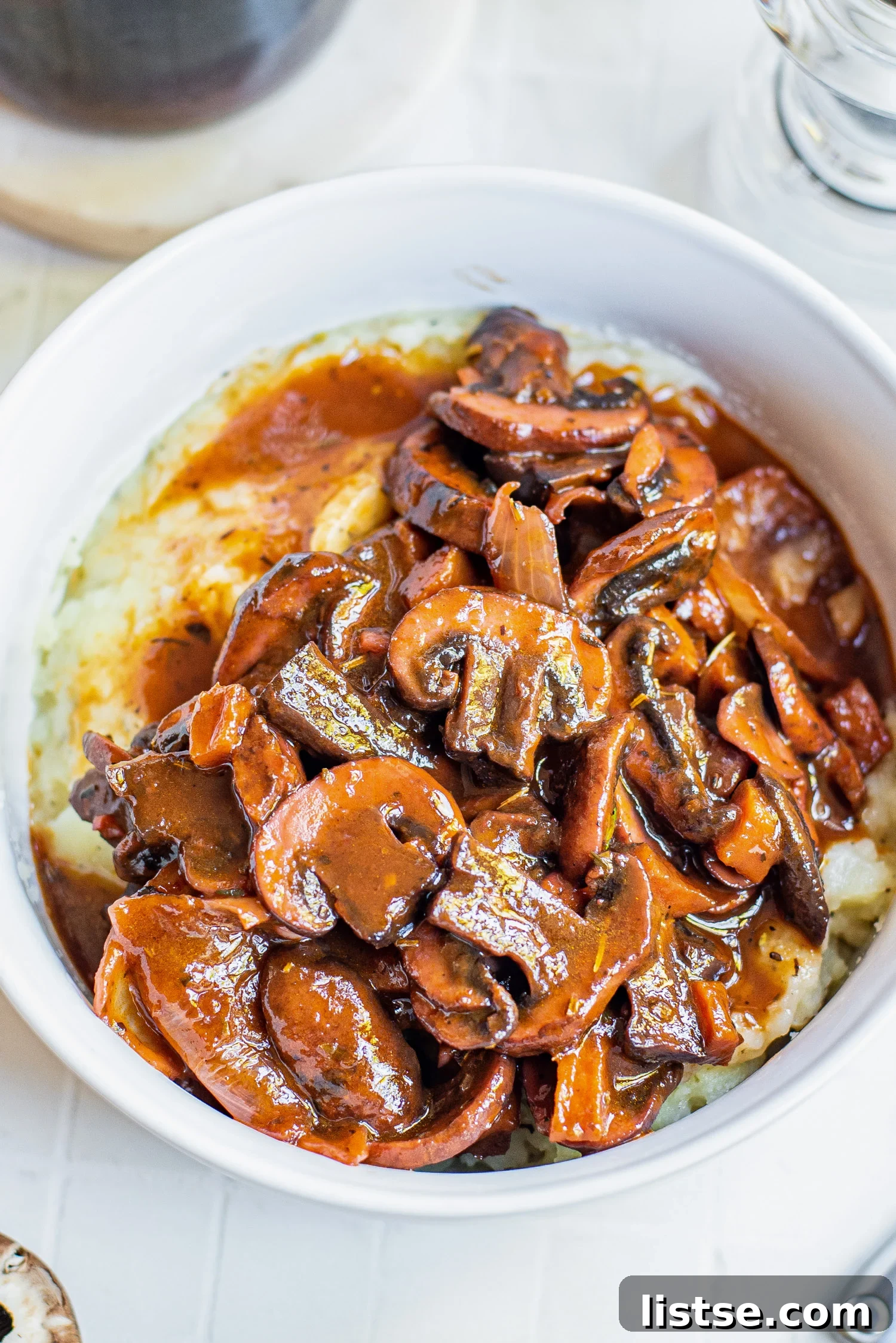 Red wine mushrooms served over mashed potatoes