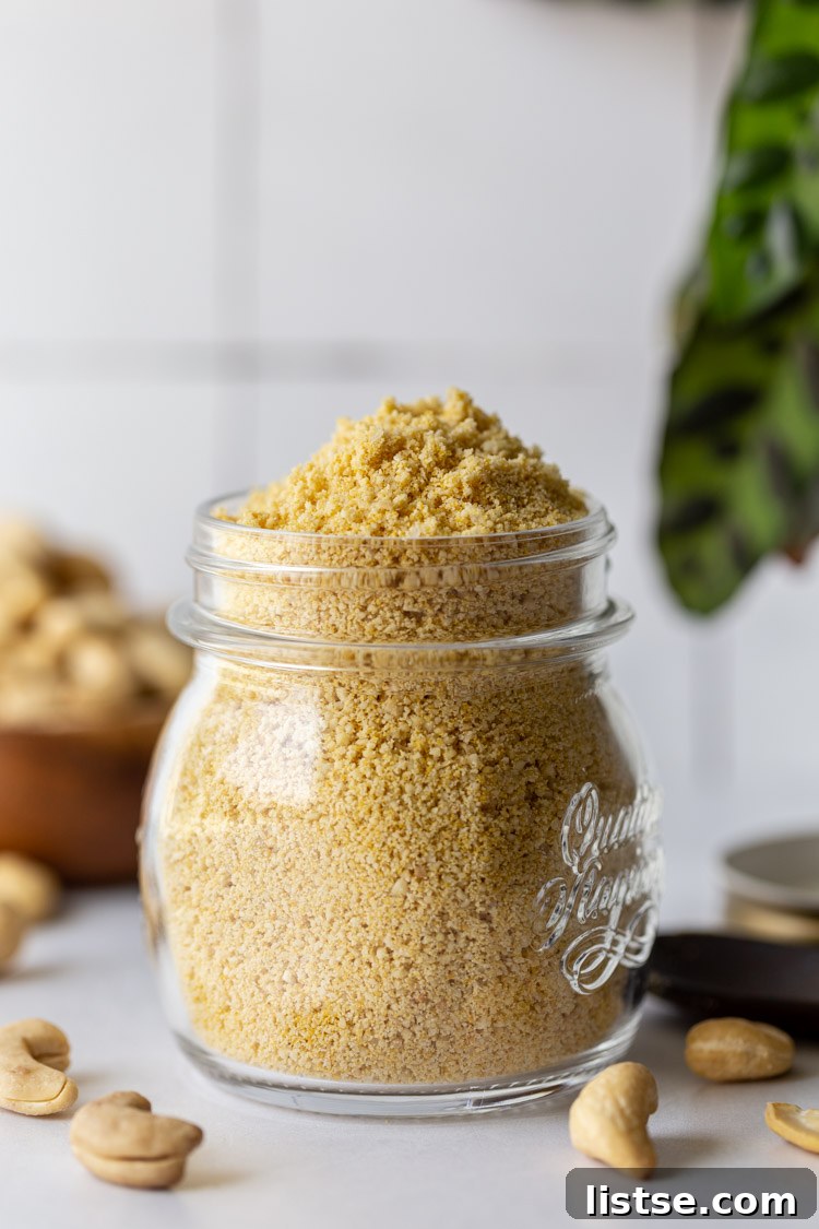vegan parmesan cheese in a glass jar with cashews in the background