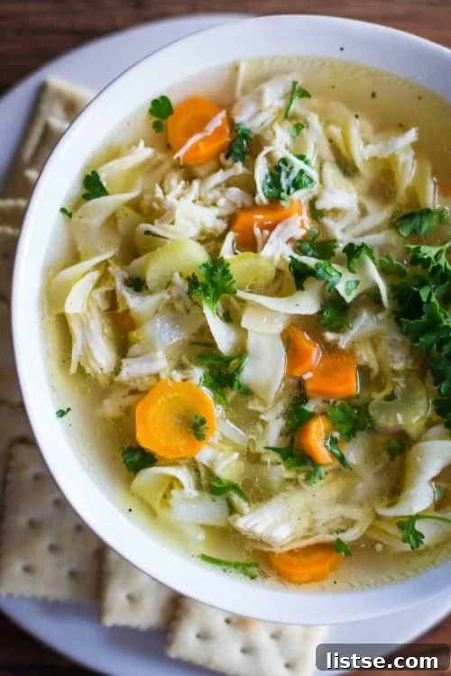 chicken noodle soup in a white bowl with crackers around it