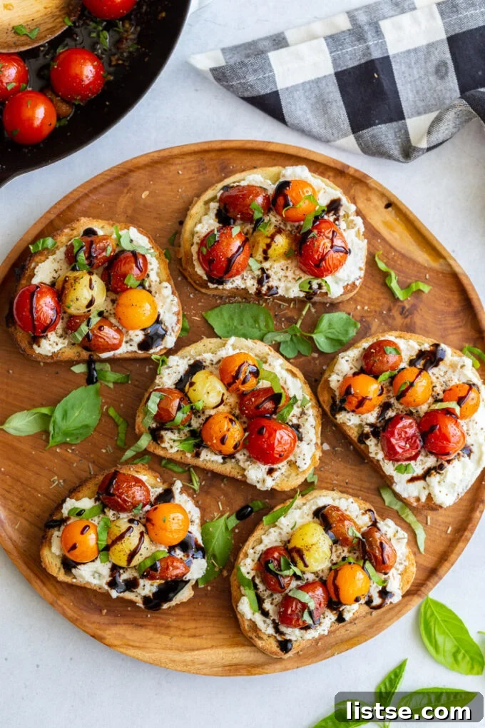 Three slices of ricotta toast artfully arranged on a wooden board, garnished with fresh basil.