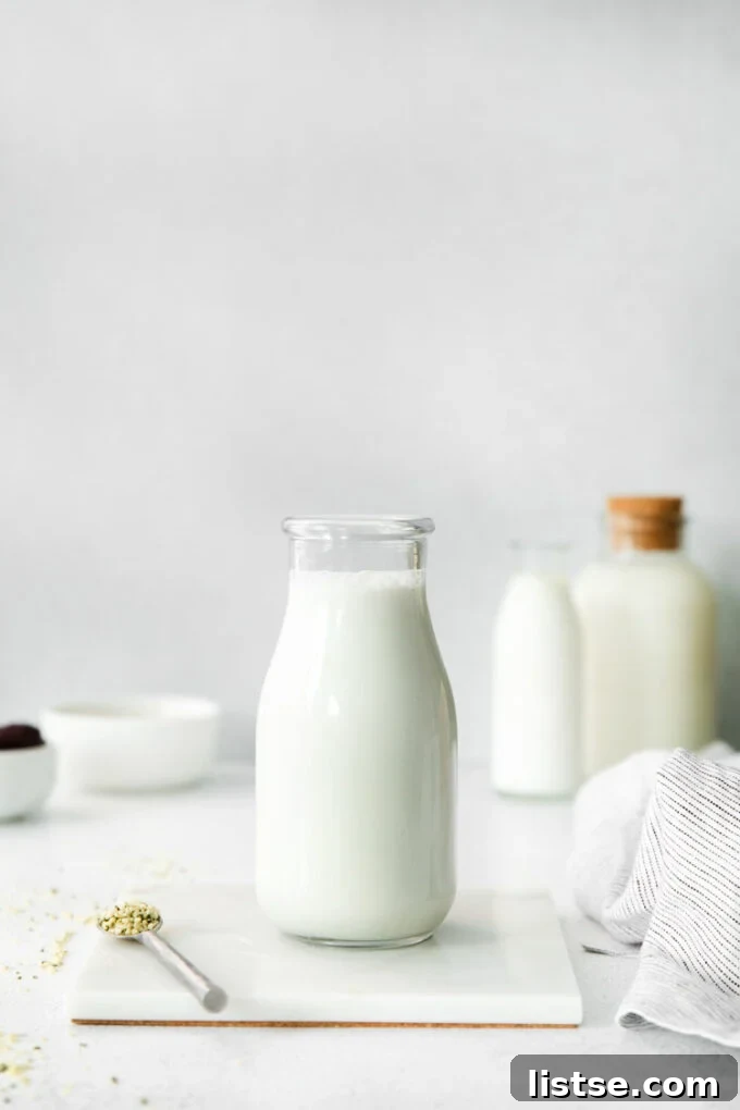 hemp milk in a glass milk jug