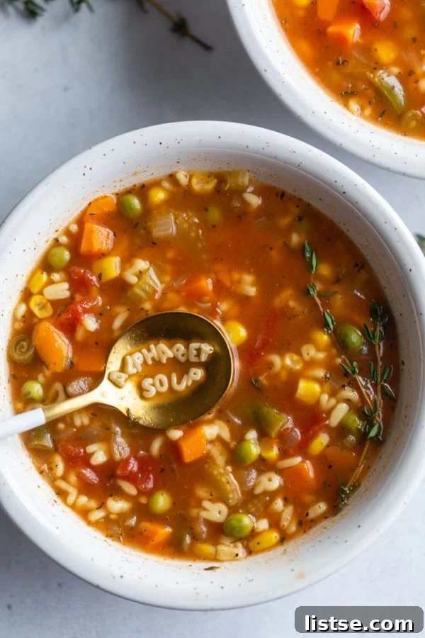 A spoonful of alphabet pasta spelling 'soup' elegantly presented in a bowl of warm, clear vegetable soup.