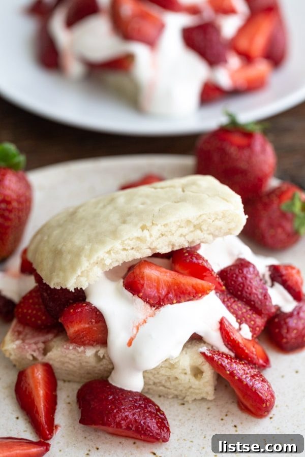 A delightful strawberry shortcake featuring fluffy biscuit layers, fresh whipped cream, and vibrant, ripe strawberries.