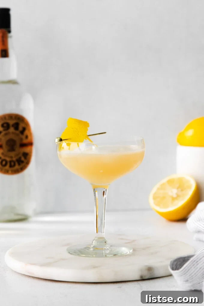 Zesty Vodka Refreshment 3 Vodka Sour cocktail served in a coupe glass with a lemon garnish
