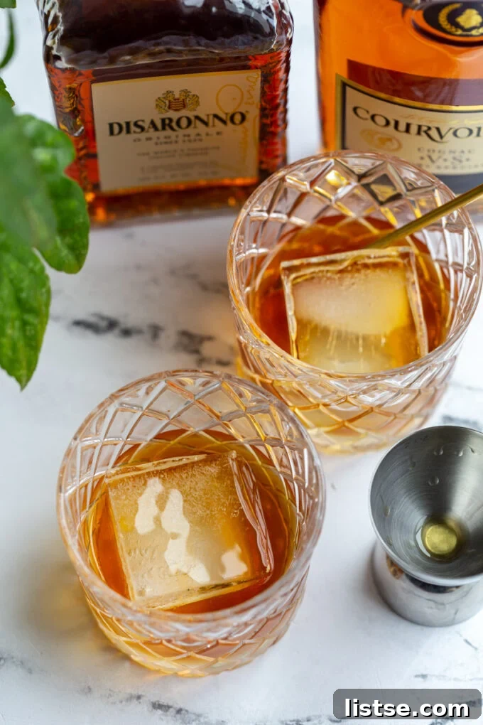 French connection cocktail served with large cubes of ice