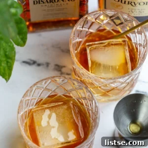French connection cocktail served with large cubes of ice