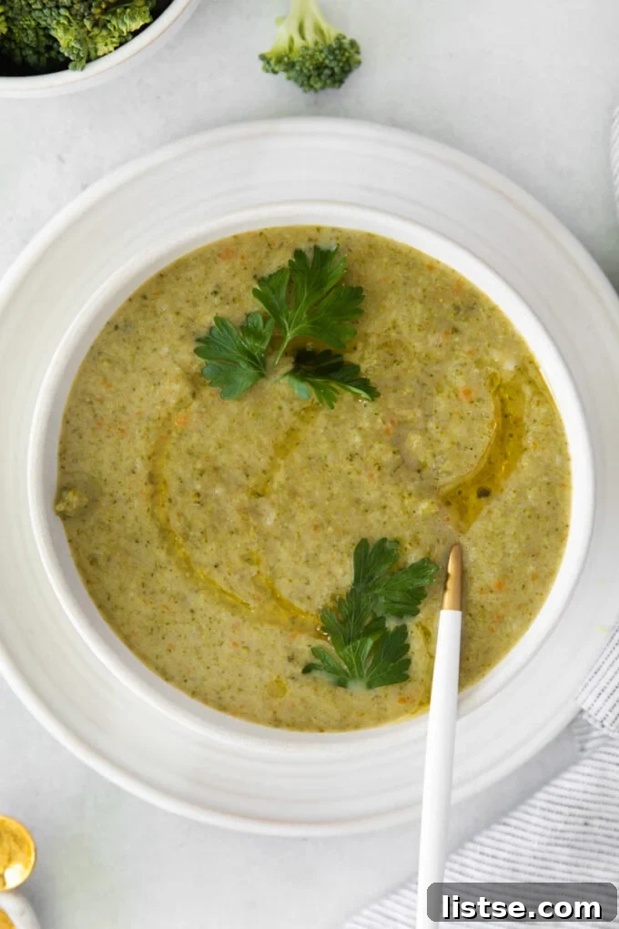 Velvety Vegan Broccoli Goodness 2 Vegan broccoli soup served in a white bowl with a garnish of fresh parsley