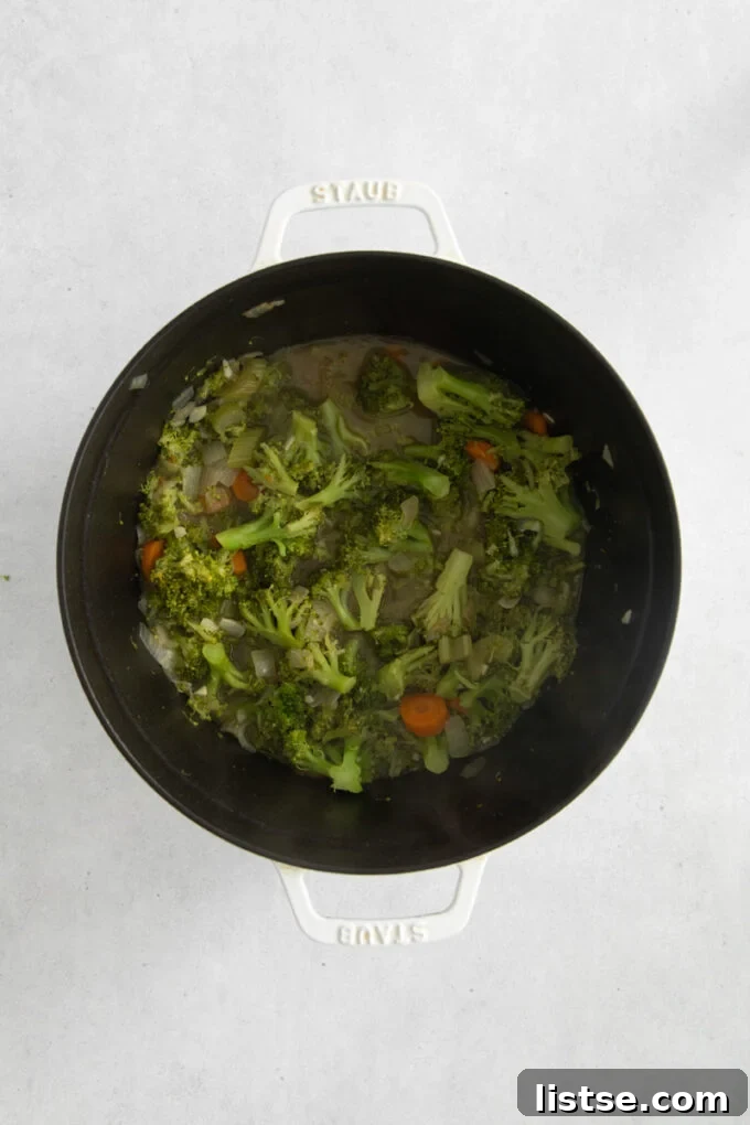 Velvety Vegan Broccoli Goodness 6 Cooking broccoli in vegetable broth in a large pot