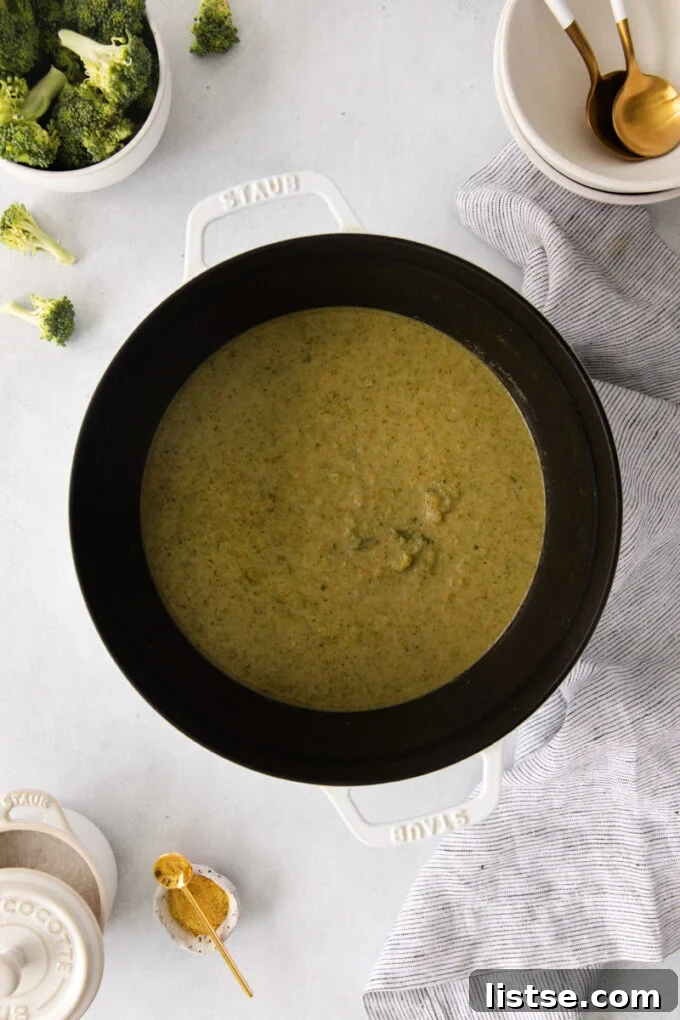 Velvety Vegan Broccoli Goodness 7 Blending vegan broccoli soup in a large pot with an immersion blender