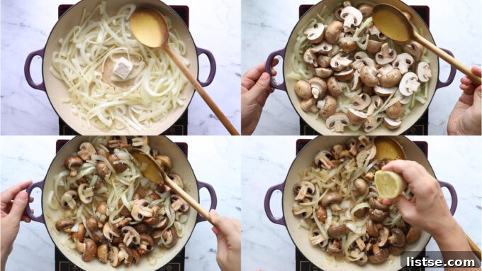 Four-panel collage showing the step-by-step process of sautéing onions and mushrooms in a large purple skillet