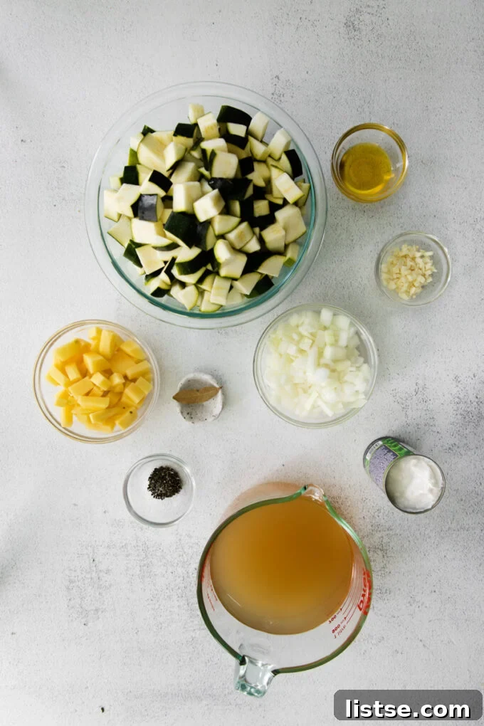 vegan zucchini soup ingredients separated into small bowls