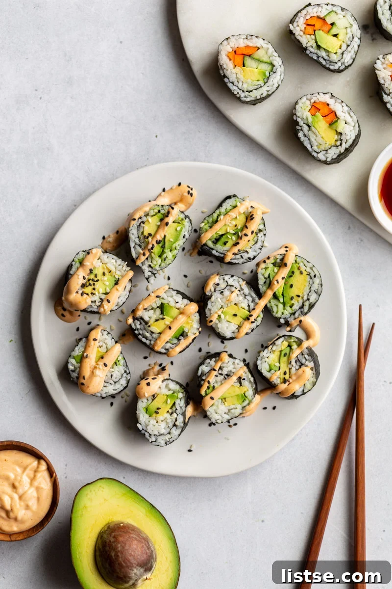 avocado sushi rolls on a plate 