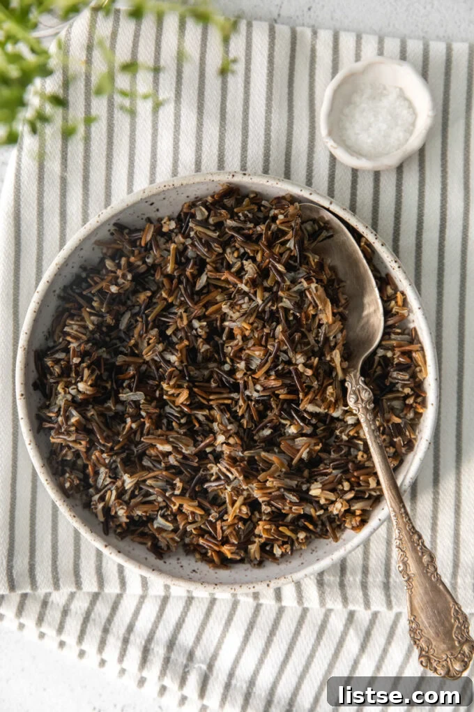 A bowl of perfectly cooked wild rice with a spoon, ready to be enjoyed as a healthy meal component.