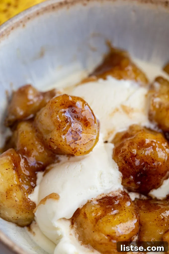 Molten Caramel Bananas 5 Caramelized bananas served over a scoop of vanilla ice cream, drizzled with caramel sauce.