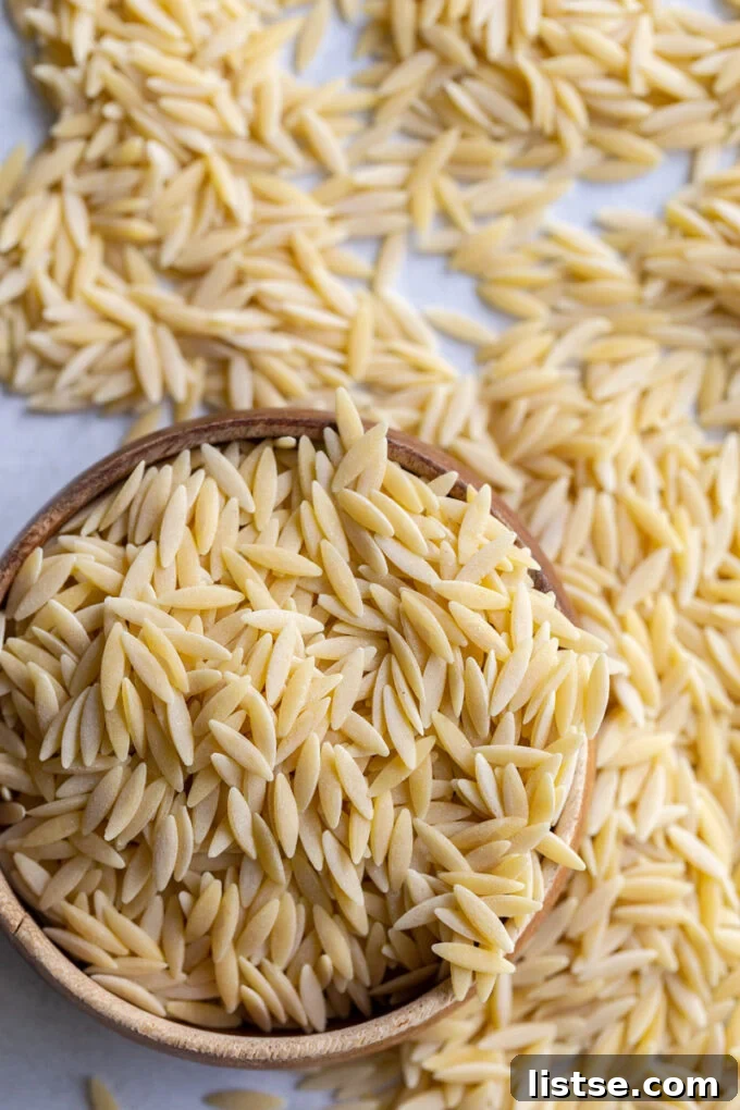 Uncooked orzo pasta in a small bowl
