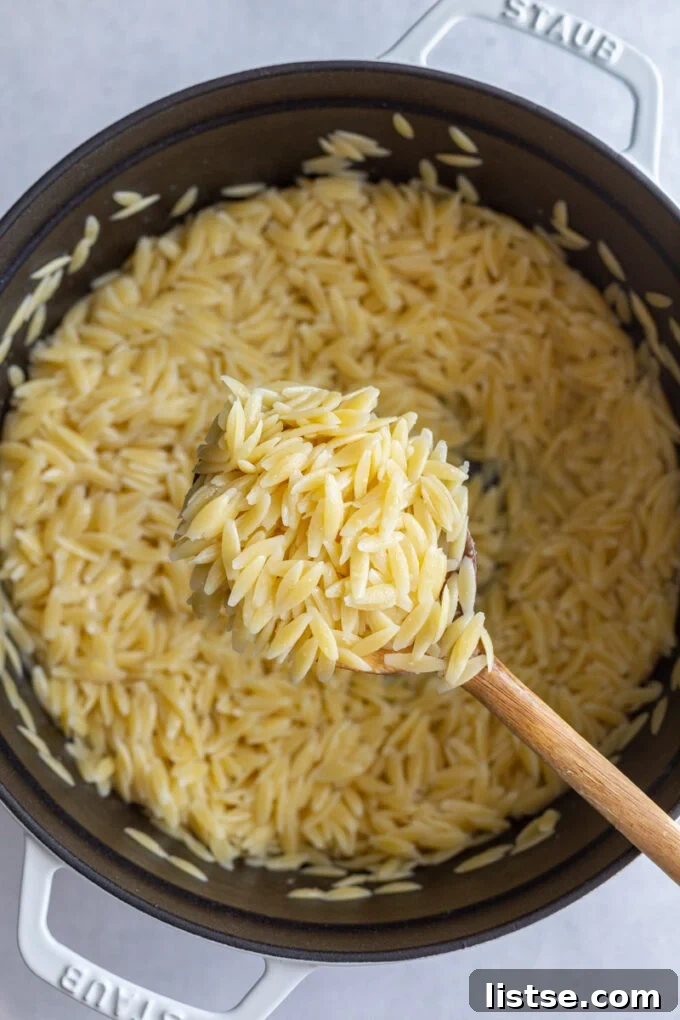 Orzo pasta on a wooden spoon